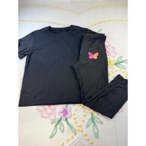 SHEIN Black Short Sleeve‎ Tee & Butterfly Print Lounge Pants Set Women XL